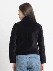 Black Spread Collar Embroidered Full Sleeves Jacket (TEST) from Shaye India , Jacket for women