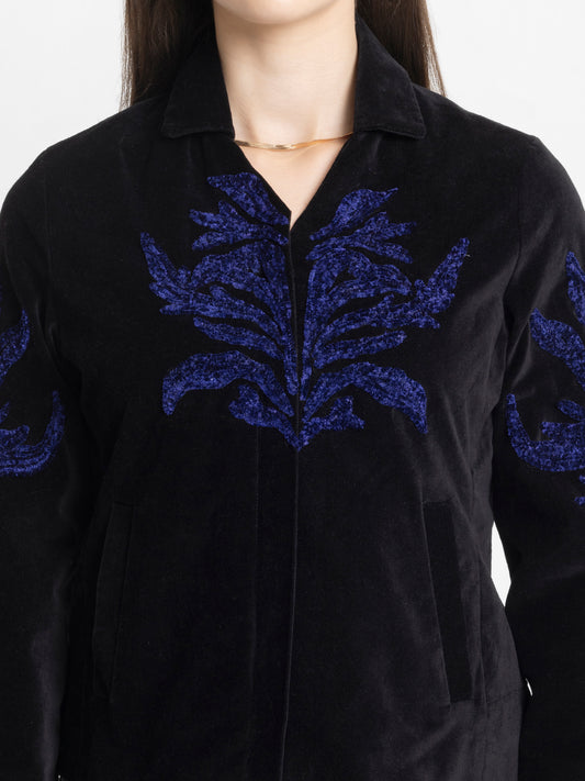 Black Spread Collar Embroidered Full Sleeves Jacket (TEST) from Shaye India , Jacket for women