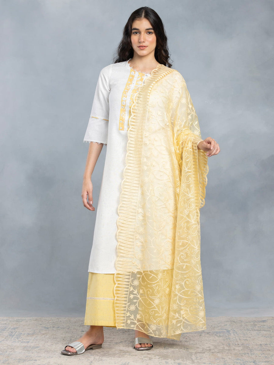 Off White & Yellow Embroidered Long Kurta Set With Dupatta from Shaye , Kurta Set for women