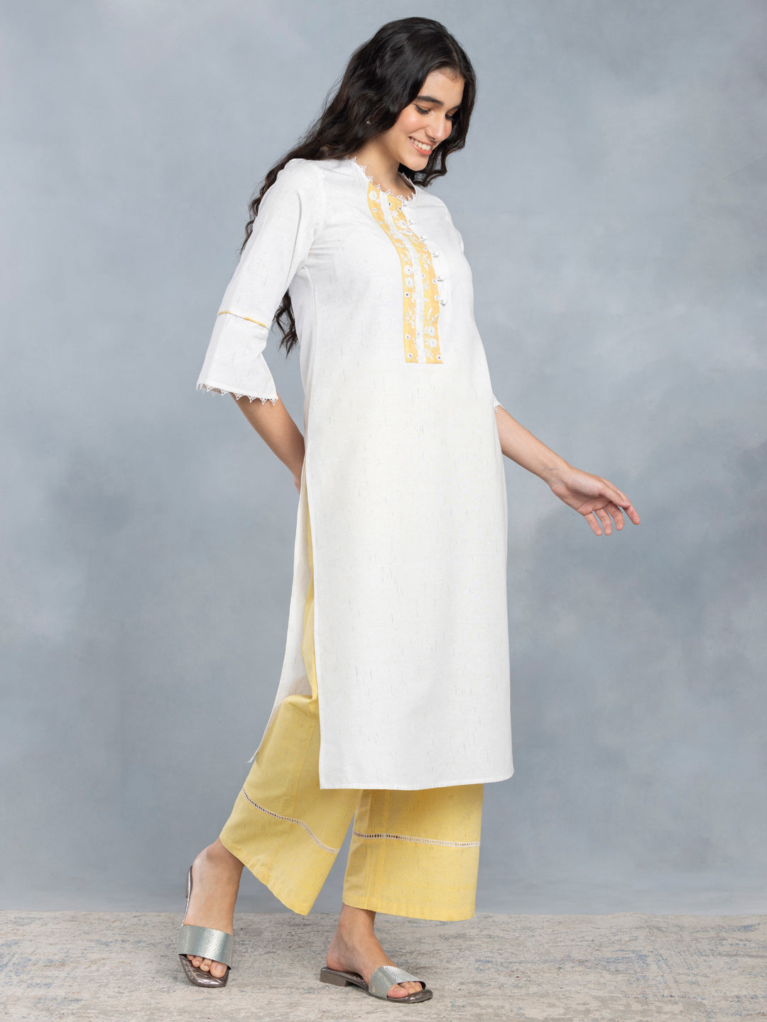 Off White & Yellow Embroidered Long Kurta Set With Dupatta from Shaye , Kurta Set for women