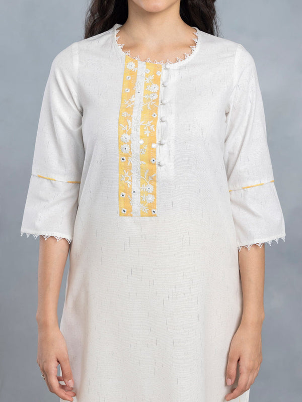 Off White & Yellow Embroidered Long Kurta Set With Dupatta from Shaye , Kurta Set for women