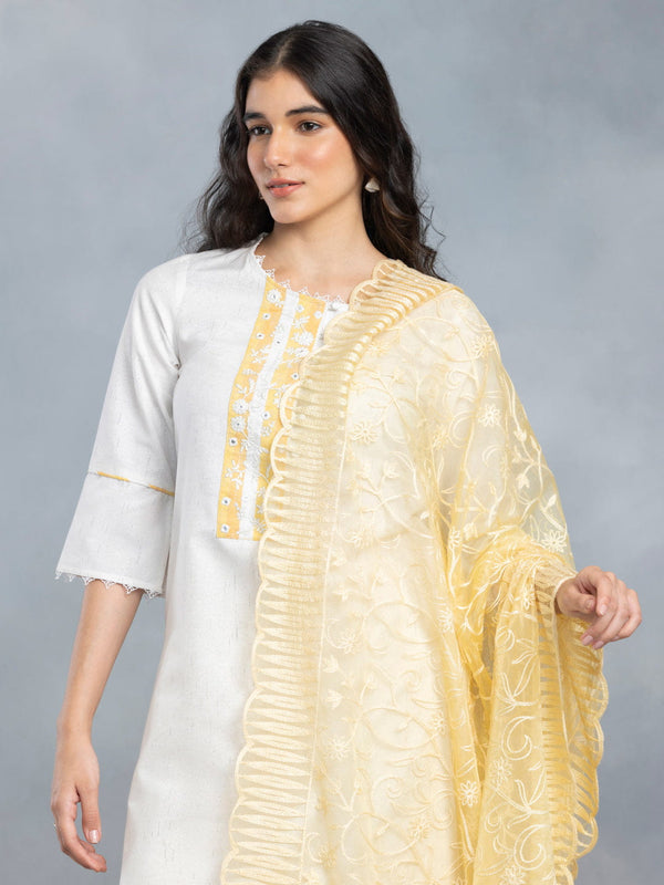 Off White & Yellow Embroidered Long Kurta Set With Dupatta from Shaye , Kurta Set for women