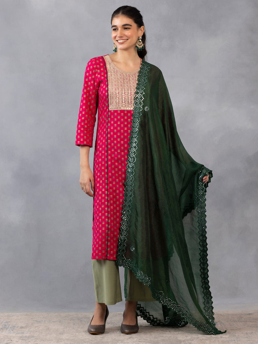 Embroidered Yoke Printed Long Kurta Set With Dupatta from Shaye , Kurta Set for women