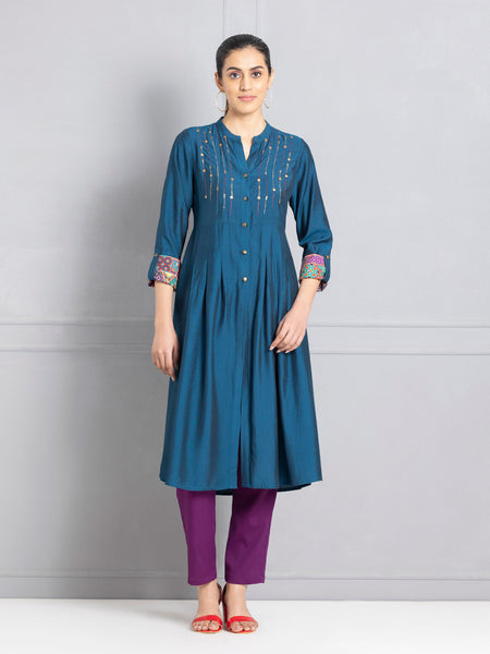 Persian Blue Embroidered Shirt Flared Kurta from Shaye , Kurta for women