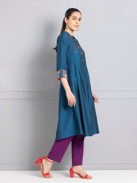 Persian Blue Embroidered Shirt Flared Kurta from Shaye , Kurta for women