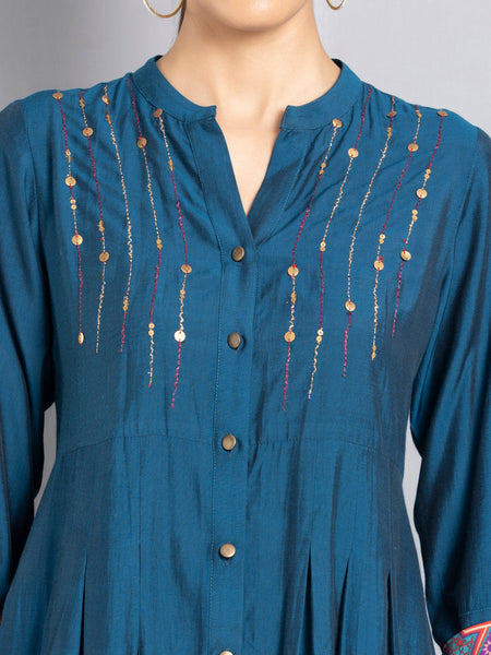 Persian Blue Embroidered Shirt Flared Kurta from Shaye , Kurta for women