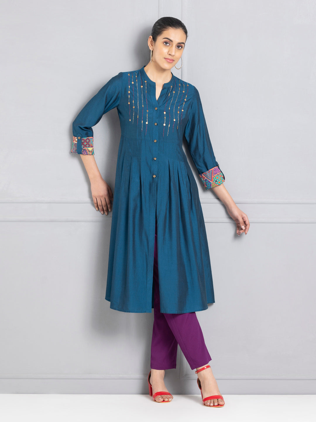 Persian Blue Embroidered Shirt Flared Kurta from Shaye , Kurta for women
