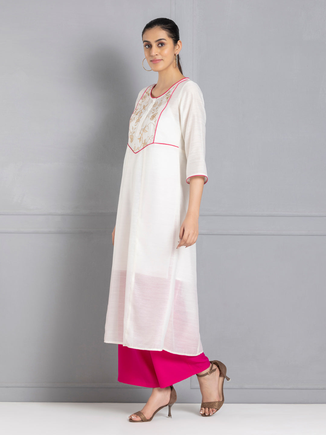 Off White A line Embroidered Kurta with Slip from Shaye India , Kurta for women