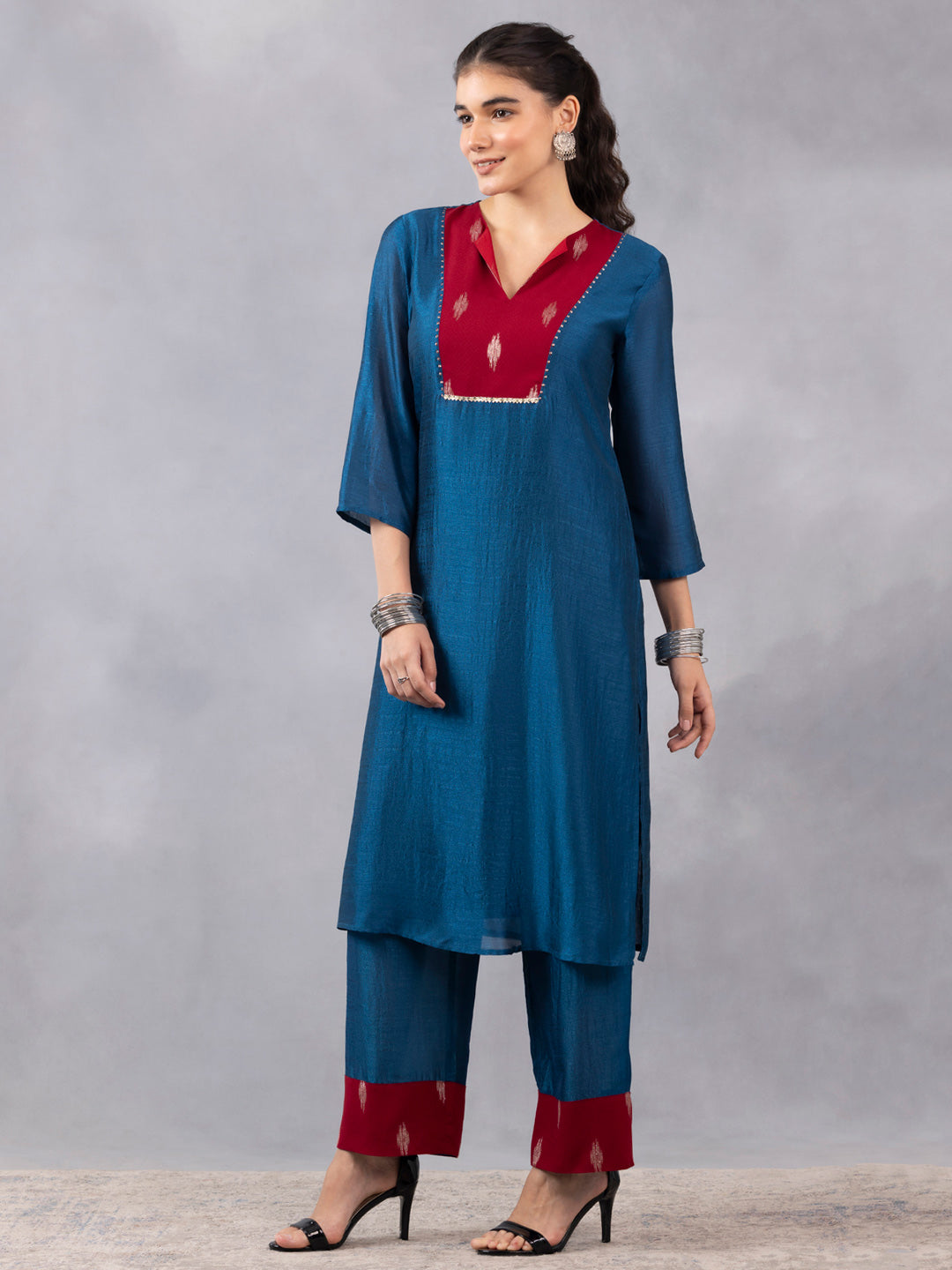 Straight Blue Kurta with Yoke Set With Dupatta from Shaye , Kurta Pajama 2 piece set for women