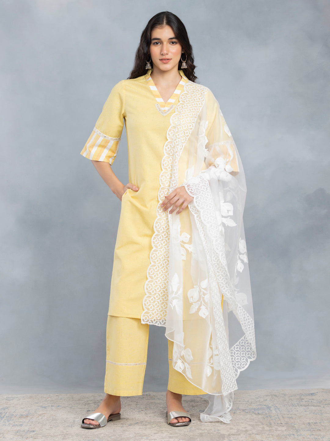Yellow Mirror Work A line Kurta Set With Dupatta from Shaye , Kurta Pajama 2 piece set for women