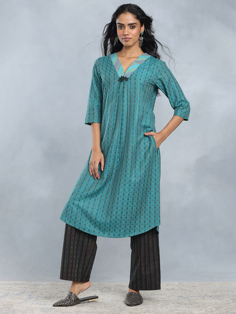Firozi V Neck Kurta Set from Shaye , Kurta Pajama 2 piece set for women