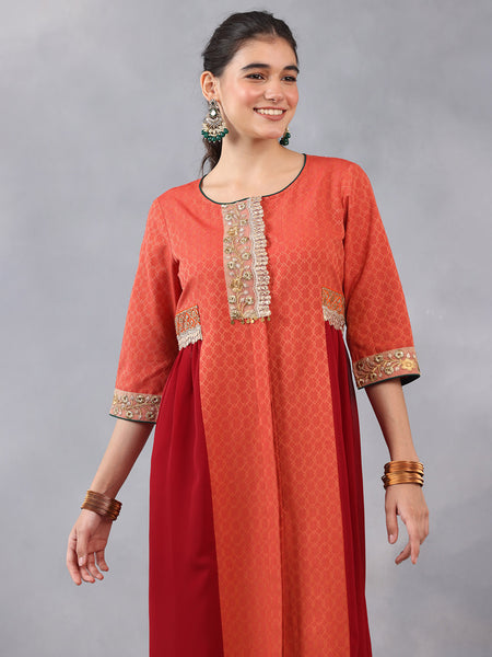 Coral and Burgundy Zardozi Lace Straight Kurta from Shaye India , Kurta for women