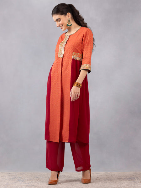 Coral and Burgundy Zardozi Lace Straight Kurta from Shaye India , Kurta for women