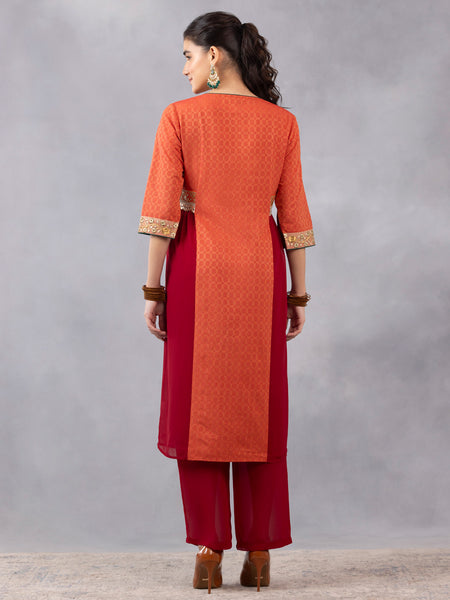 Coral and Burgundy Zardozi Lace Straight Kurta from Shaye India , Kurta for women