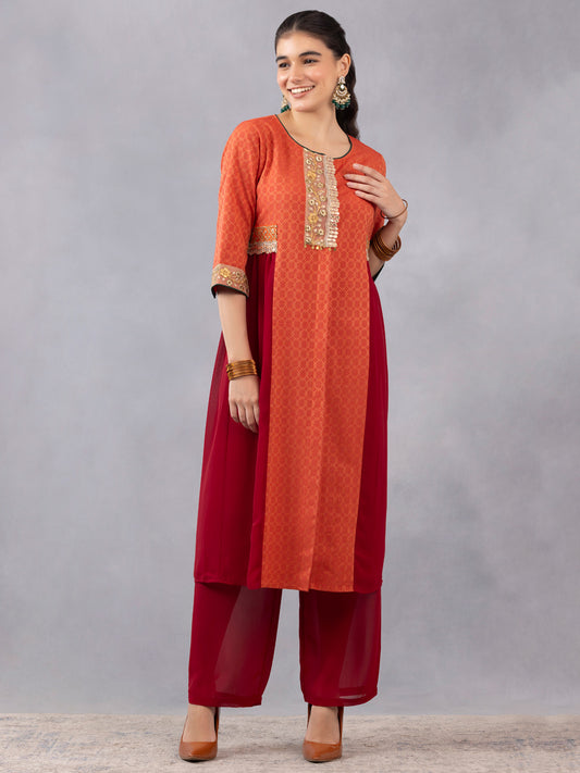 Coral and Burgundy Zardozi Lace Straight Kurta from Shaye India , Kurta for women