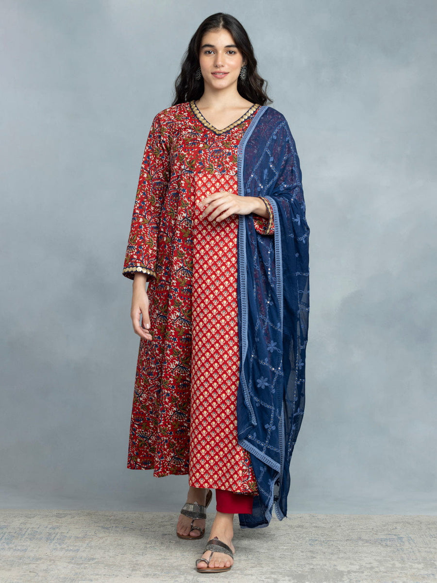 Maroon Ethnic Print Anarkali Kurta Set with Dupatta from Shaye , Kurta Set for women