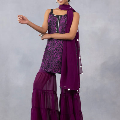 Purple Mirror Work Spaghetti Strap Kurti Gharara Set with Dupatta