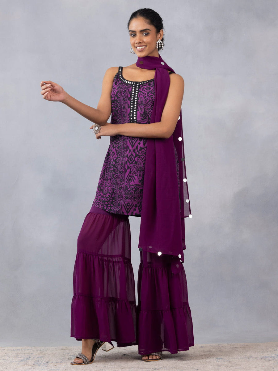 Purple Mirror Work Spaghetti Strap Kurti Gharara Set with Dupatta from Shaye India , Kurta Set for women