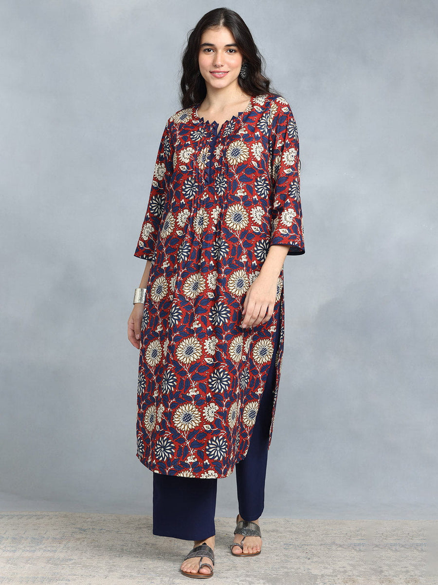 Maroon and Blue Bagru Print Straight Kurta Set from Shaye India , Kurta Set for women