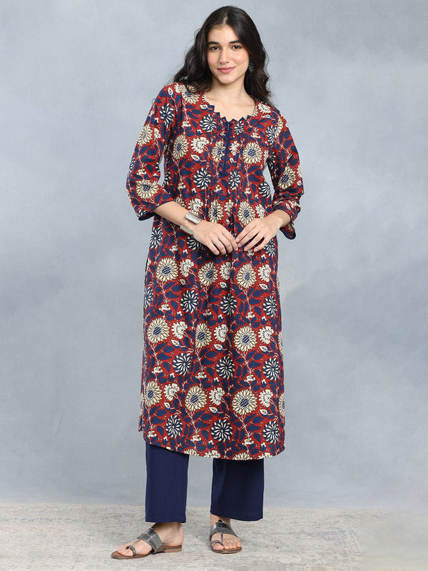 Maroon and Blue Bagru Print Straight Kurta Set from Shaye India , Kurta Set for women