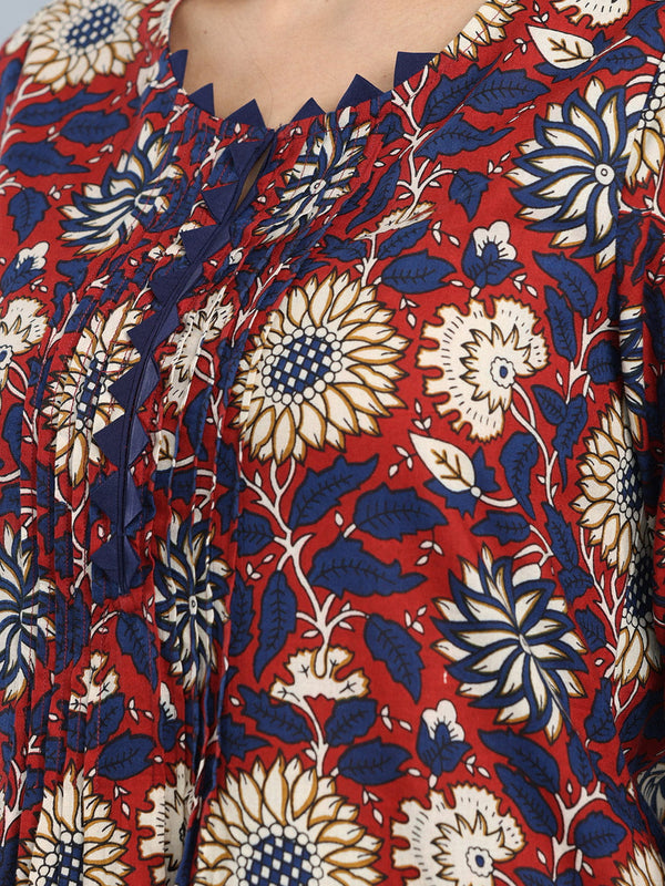 Maroon and Blue Bagru Print Straight Kurta Set from Shaye India , Kurta Set for women
