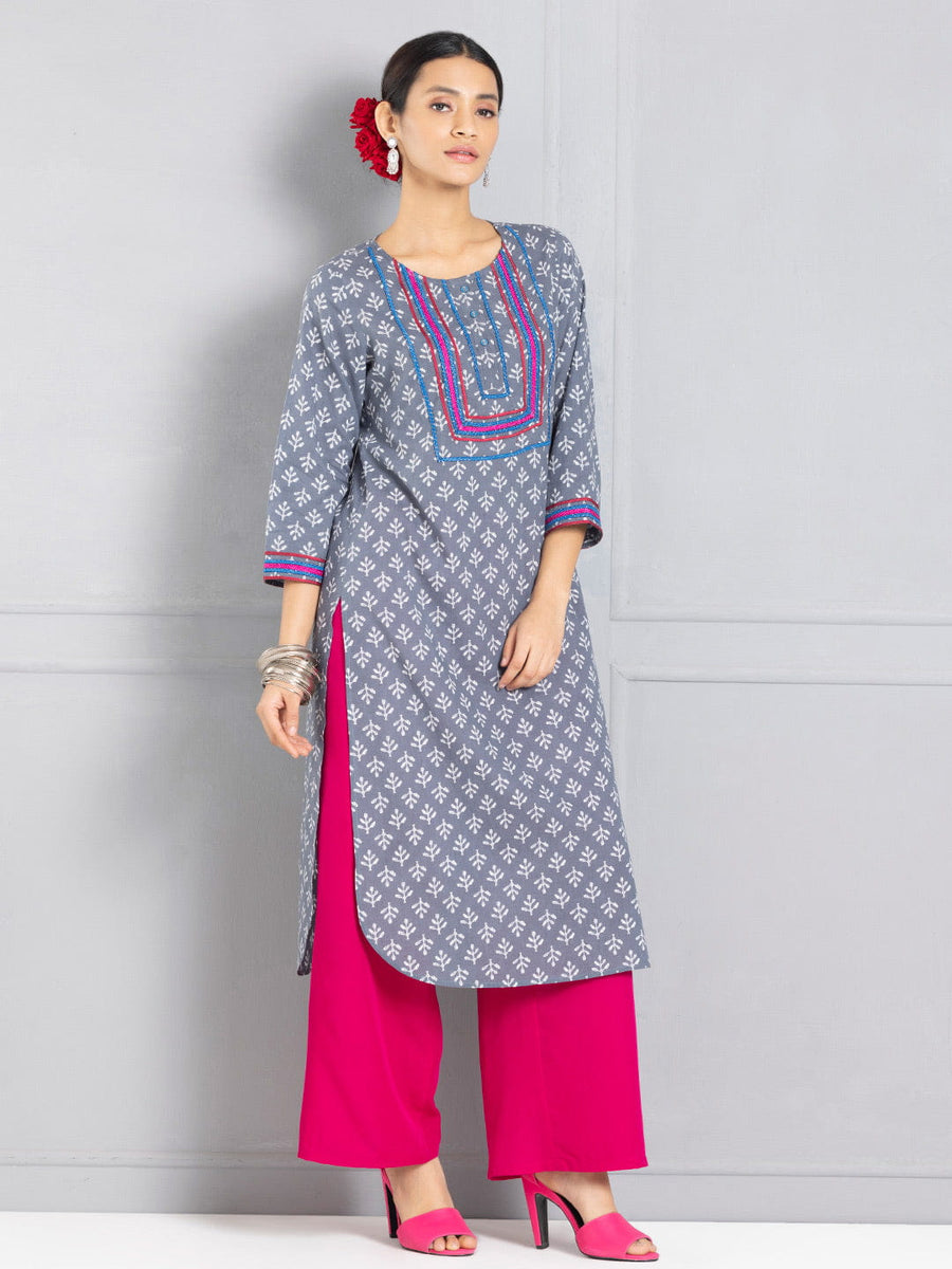 Grey Bagru Print Straight Kurta from Shaye , Kurta for women