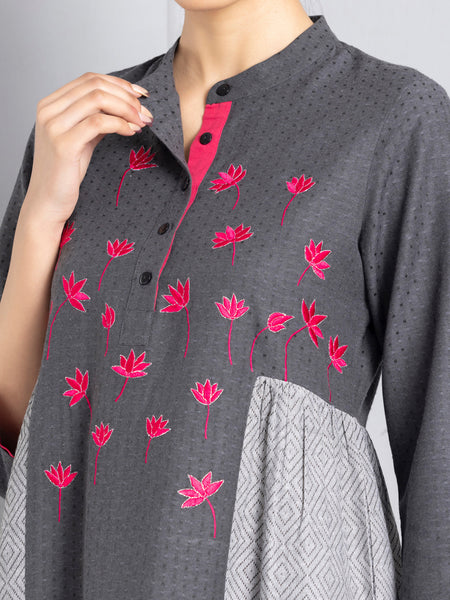 Black & Grey Magenta Embroidered Kurta from Shaye , Kurta for women