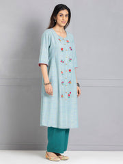 Aqua Check Patterned Floral Embroidered Ethnic Kurta from Shaye , Kurta for women