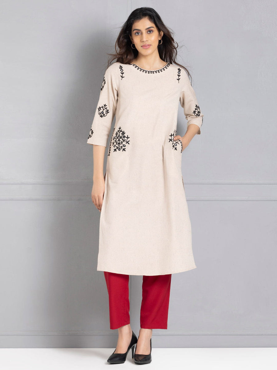 Beige Mirror Work Embroidered Kurta from Shaye , Kurta for women