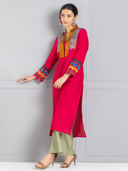 Pink Sequined and Mirror Work Embroidered Kurta from Shaye India , Kurta for women