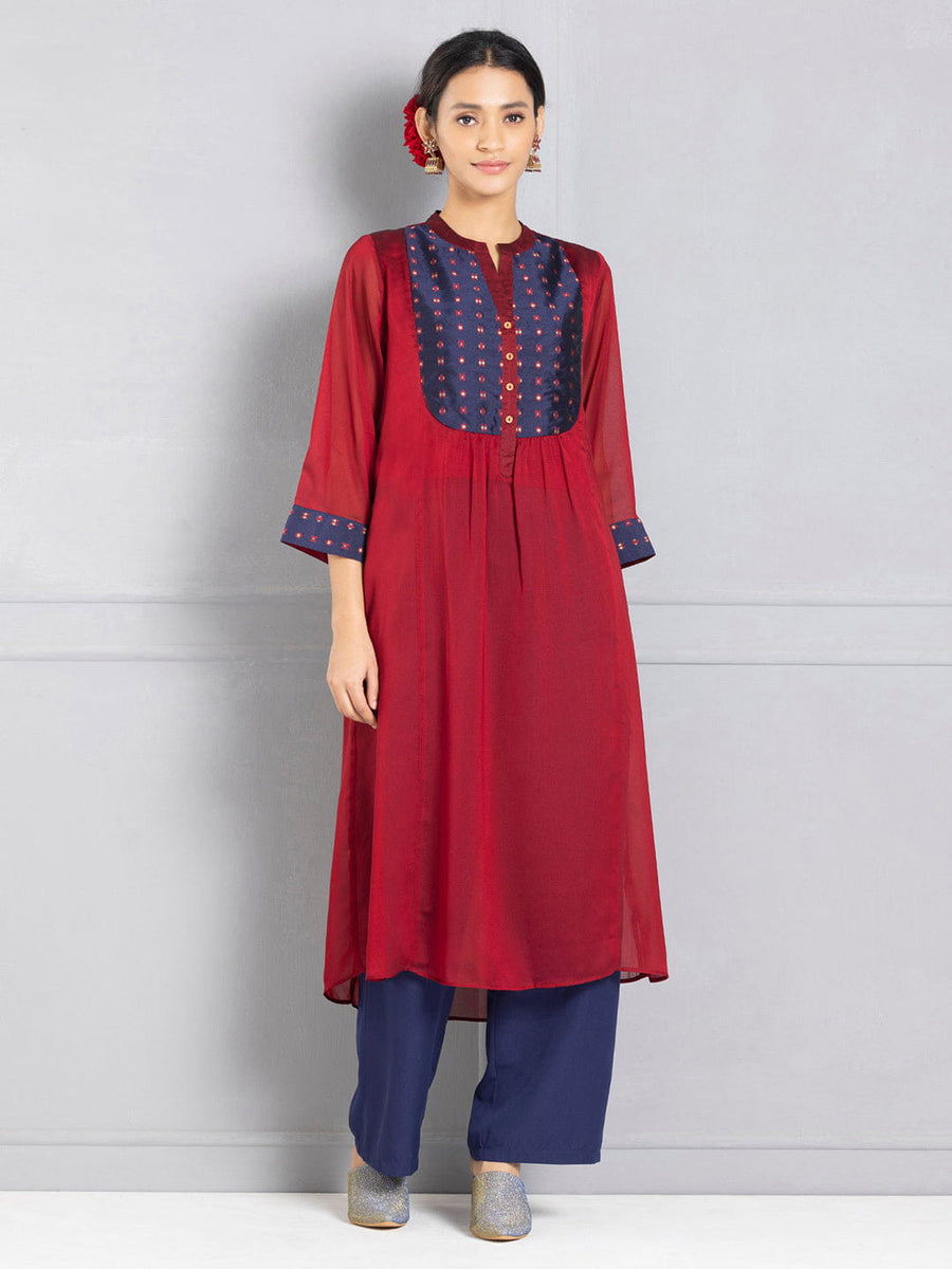 Maroon & Navy Chanderi Gathered Ethnic Kurta from Shaye , Kurta for women