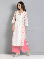 White & Pink Bagru Printed Straight Kurta from Shaye India , Kurta for women