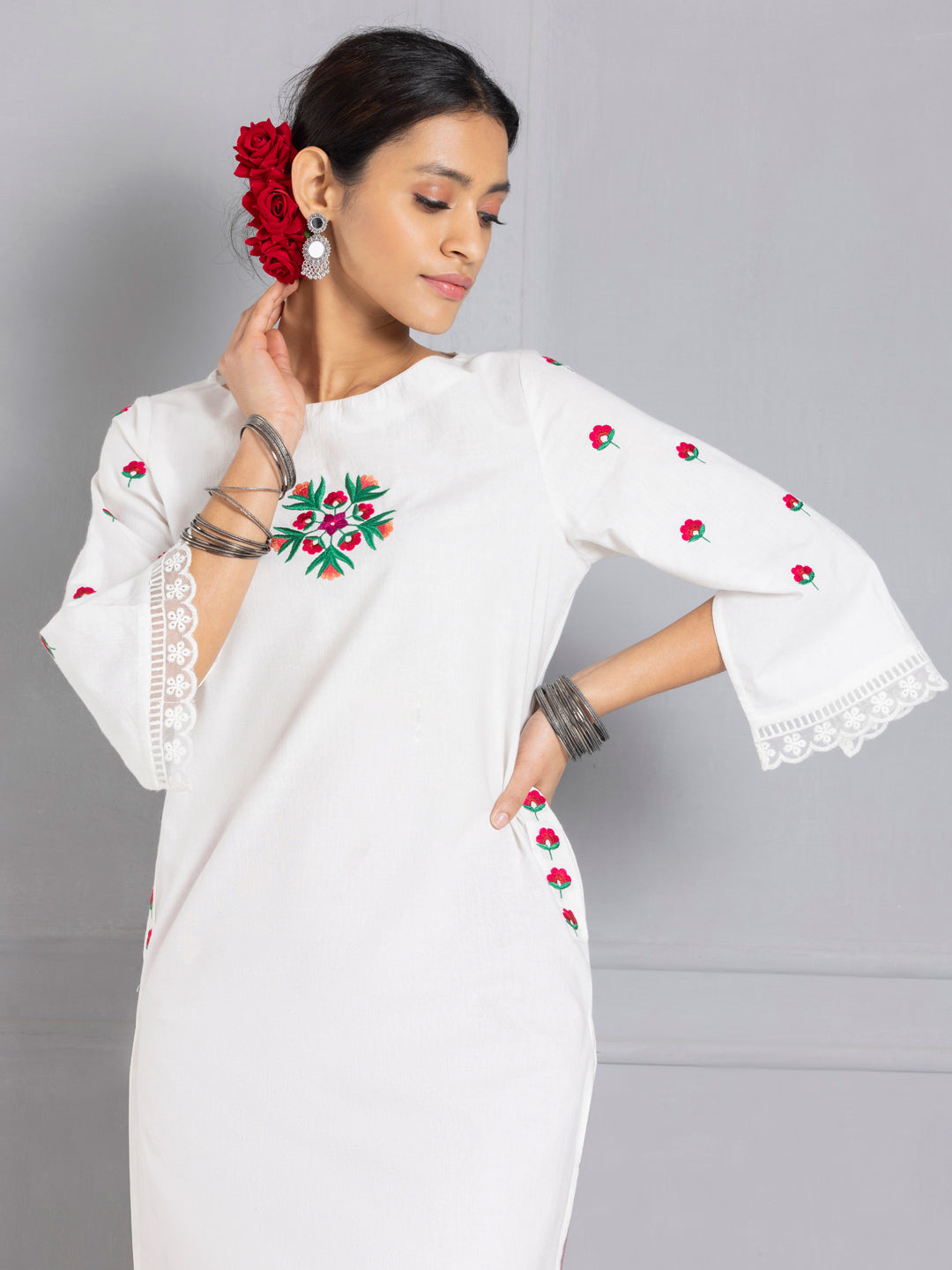 White Floral Embroidered Straight Kurta from Shaye , Kurta for women