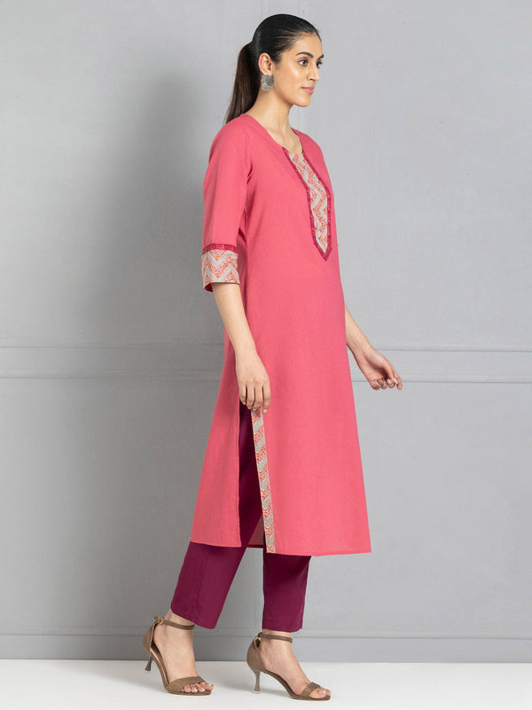 Coral Lace & Printed Trim Straight Kurta Set With Dupatta from Shaye , Kurta Set for women