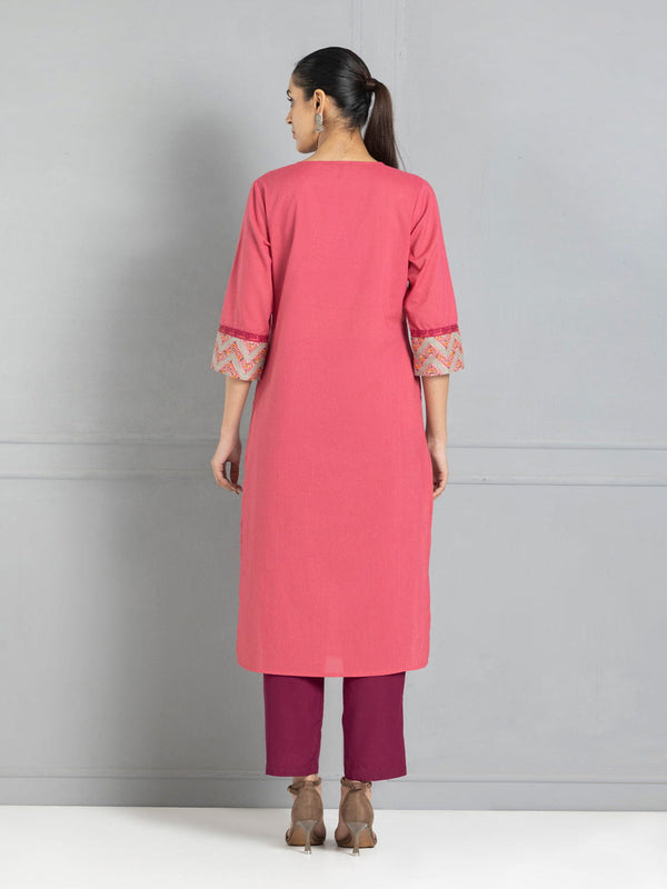 Coral Lace & Printed Trim Straight Kurta Set With Dupatta from Shaye , Kurta Set for women