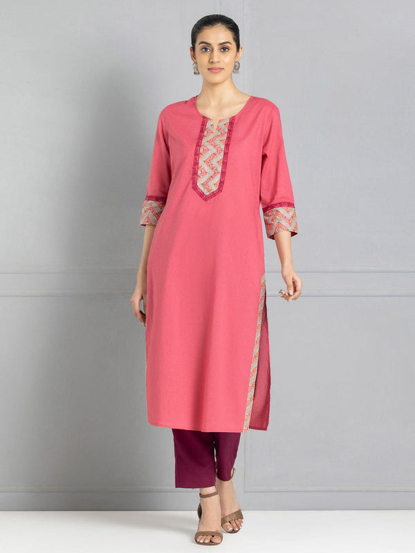 Coral Lace & Printed Trim Straight Kurta Set With Dupatta from Shaye , Kurta Set for women