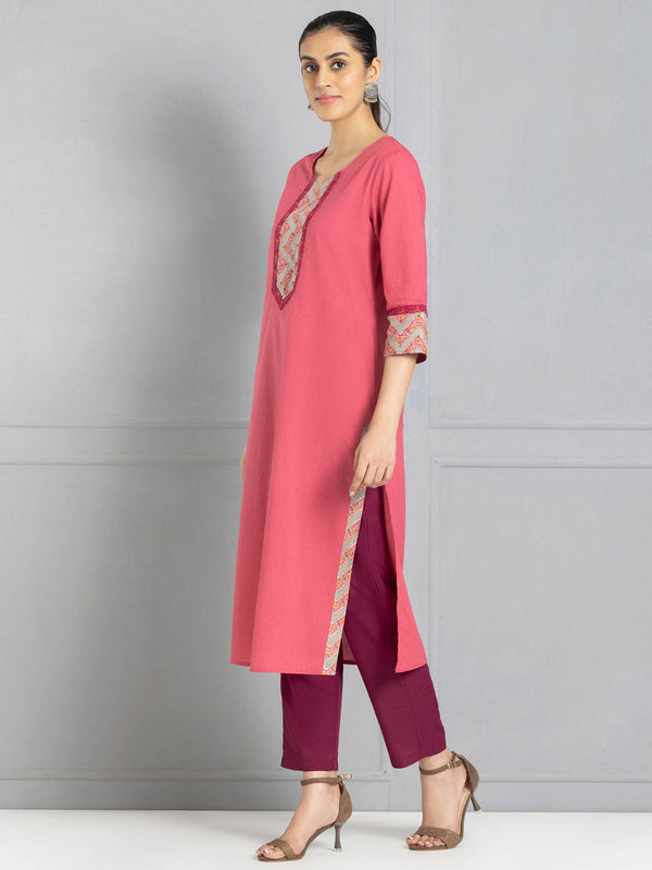 Coral Lace & Printed Trim Straight Kurta Set With Dupatta from Shaye , Kurta Set for women