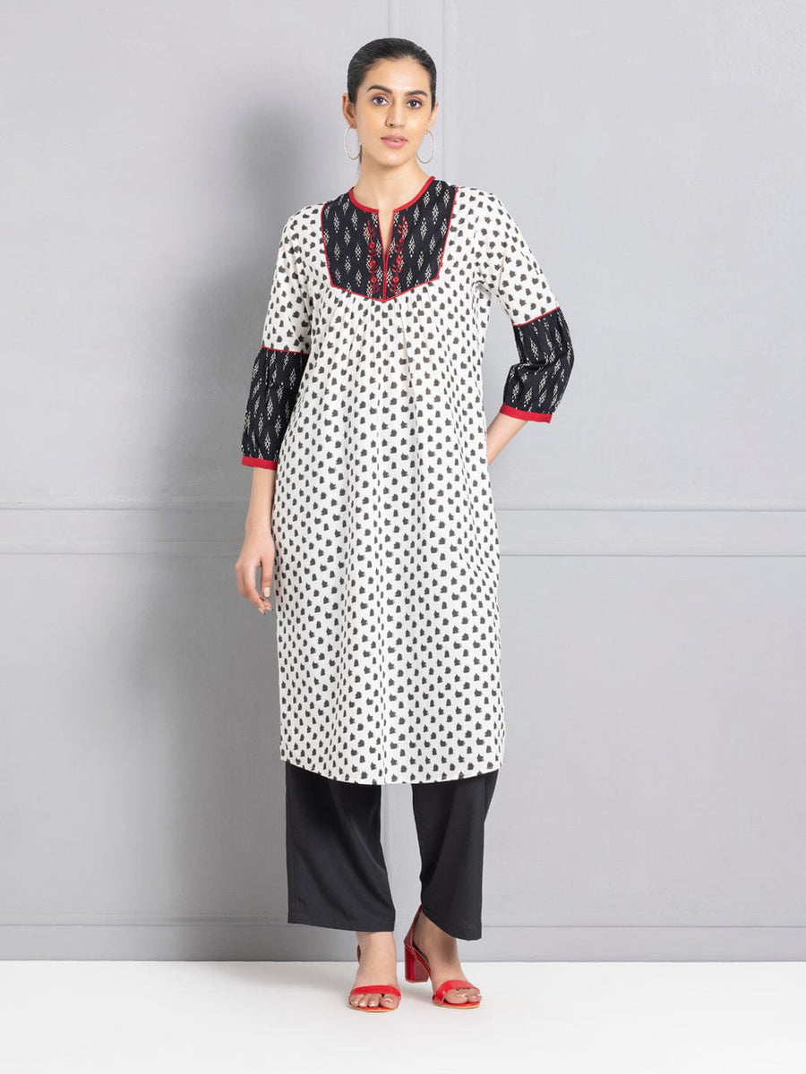 White and Black Ikat Printed Ethnic Kurta from Shaye , Kurta for women