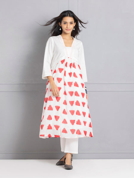 Red & White Ikat Print Gathered Kurta from Shaye , Kurta for women