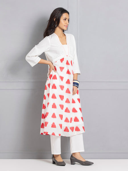 Red & White Ikat Print Gathered Kurta from Shaye , Kurta for women