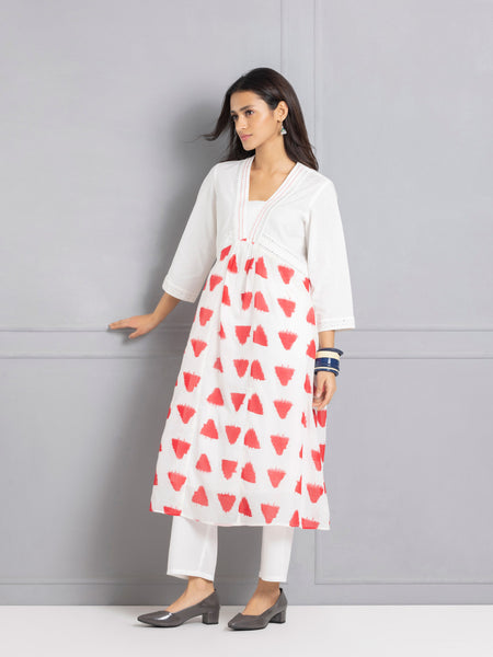 Red & White Ikat Print Gathered Kurta from Shaye , Kurta for women