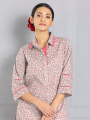 Powder Blue Floral Block Printed Shirt Collar Kurta from Shaye India , Kurta for women