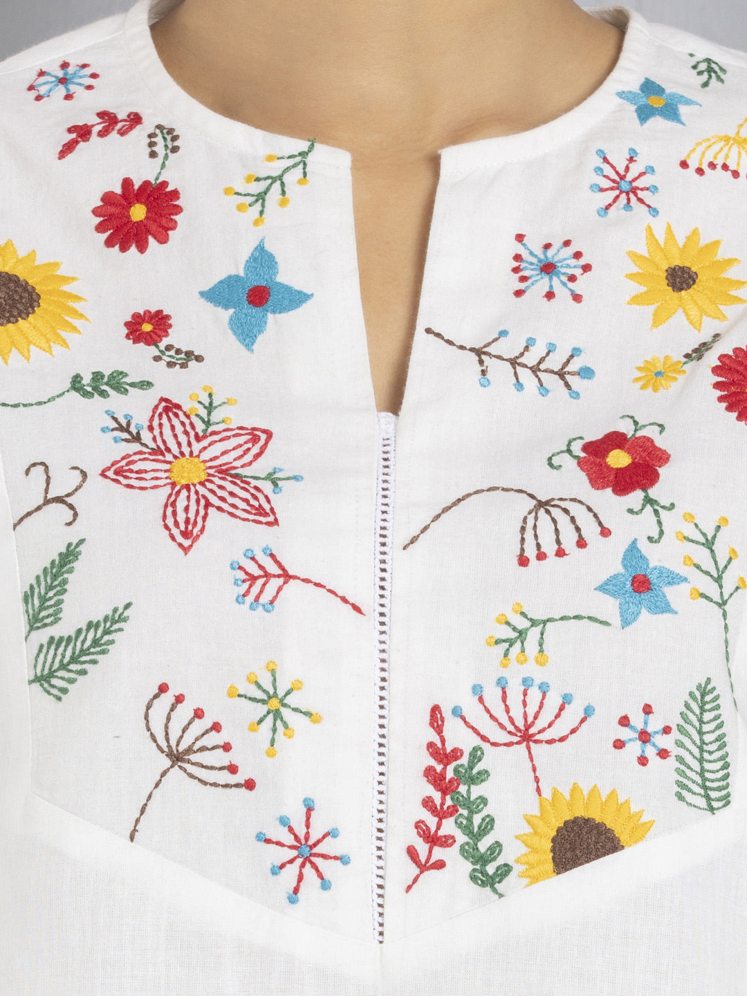White Cotton Floral Embroidered Yoke Straight Kurta from Shaye , Kurta for women