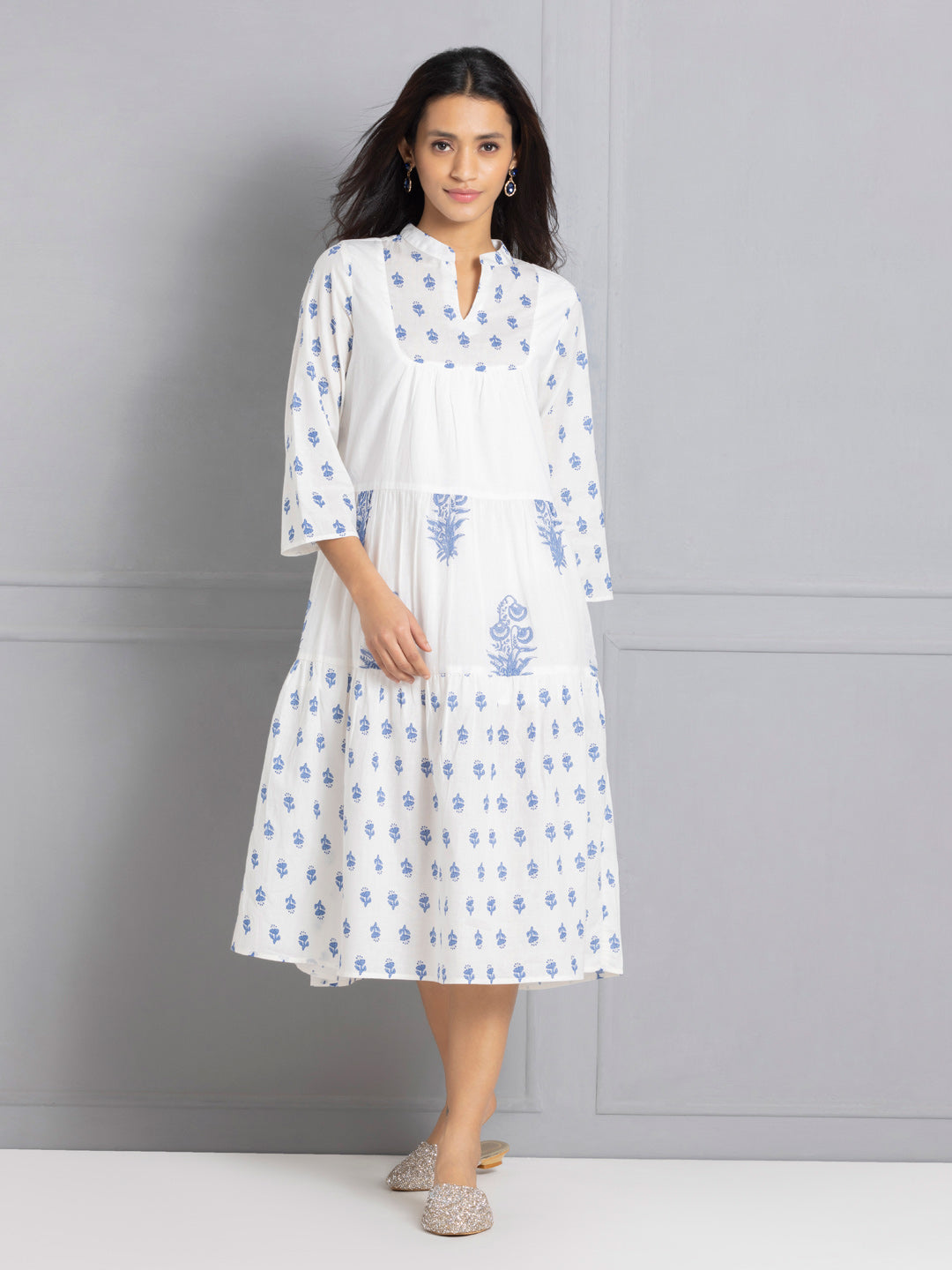 White & Blue Bagru Printed Tiered Ethnic Dress from Shaye , Dress for women