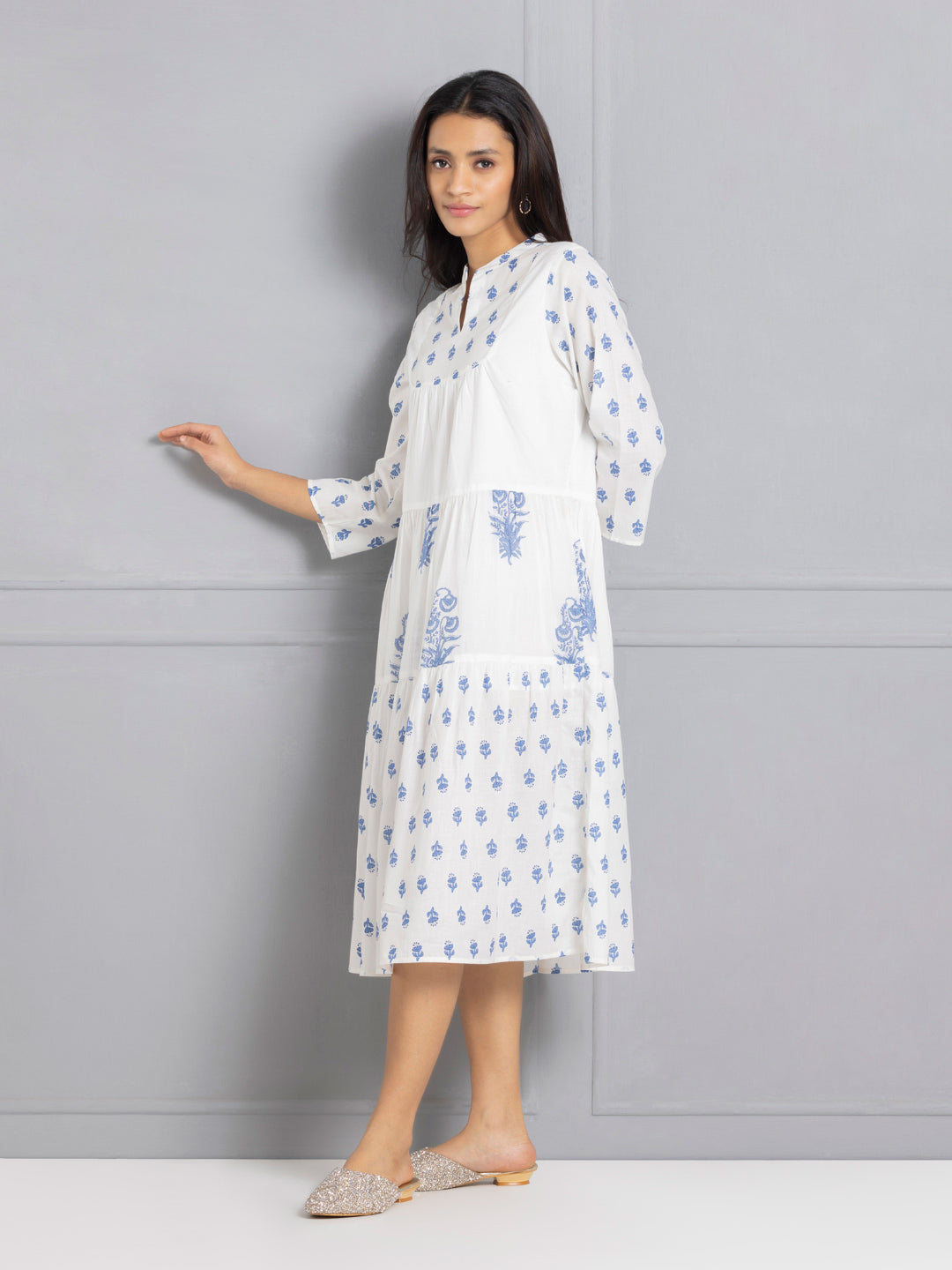 White & Blue Bagru Printed Tiered Ethnic Dress from Shaye , Dress for women