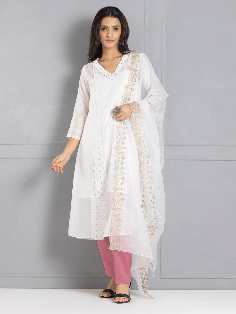 White Chanderi A-Line Panelled Kurta Set with Slip & Dupatta from Shaye India , Kurta Set for women