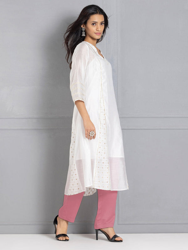 White Chanderi A-Line Panelled Kurta Set with Slip & Dupatta from Shaye India , Kurta Set for women