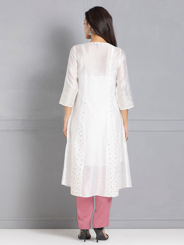 White Chanderi A-Line Panelled Kurta Set with Slip & Dupatta from Shaye India , Kurta Set for women