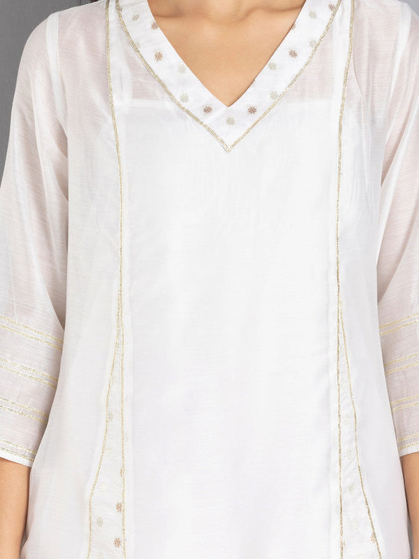 White Chanderi A-Line Panelled Kurta Set with Slip & Dupatta from Shaye India , Kurta Set for women
