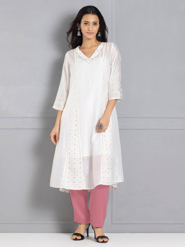 White Chanderi A-Line Panelled Kurta Set with Slip & Dupatta from Shaye India , Kurta Set for women